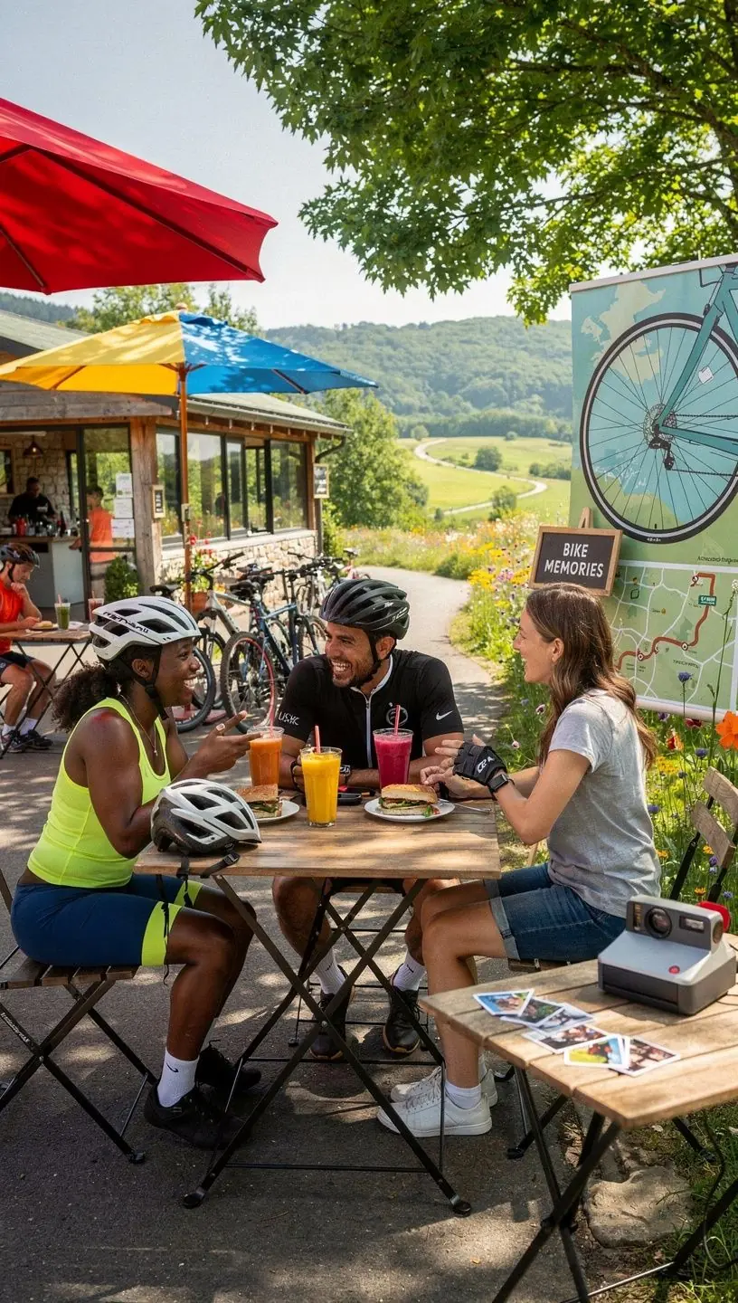 Путешественники делают снимки на фоне красочных декораций в кафе с интегрированными фотозонами.